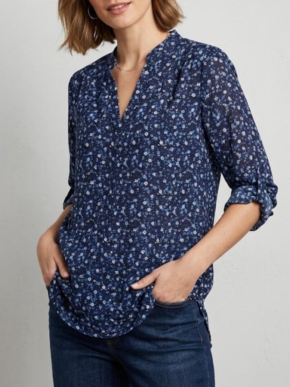WINKLE-FREE Rue 21 Ladies Blue Floral Tunic Blouse - Size S
